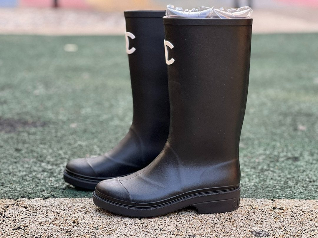 Celine Boots in Rubber with Celine Signature Black Women's Tall Rain Boots Wellies