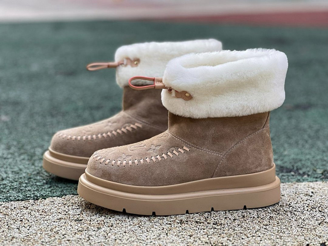 Louis Vuitton Pillow Comfort Boot Beige Monogram Suede Shearling Ankle Boots 1A9R2D Women's Luxury Winter Platform