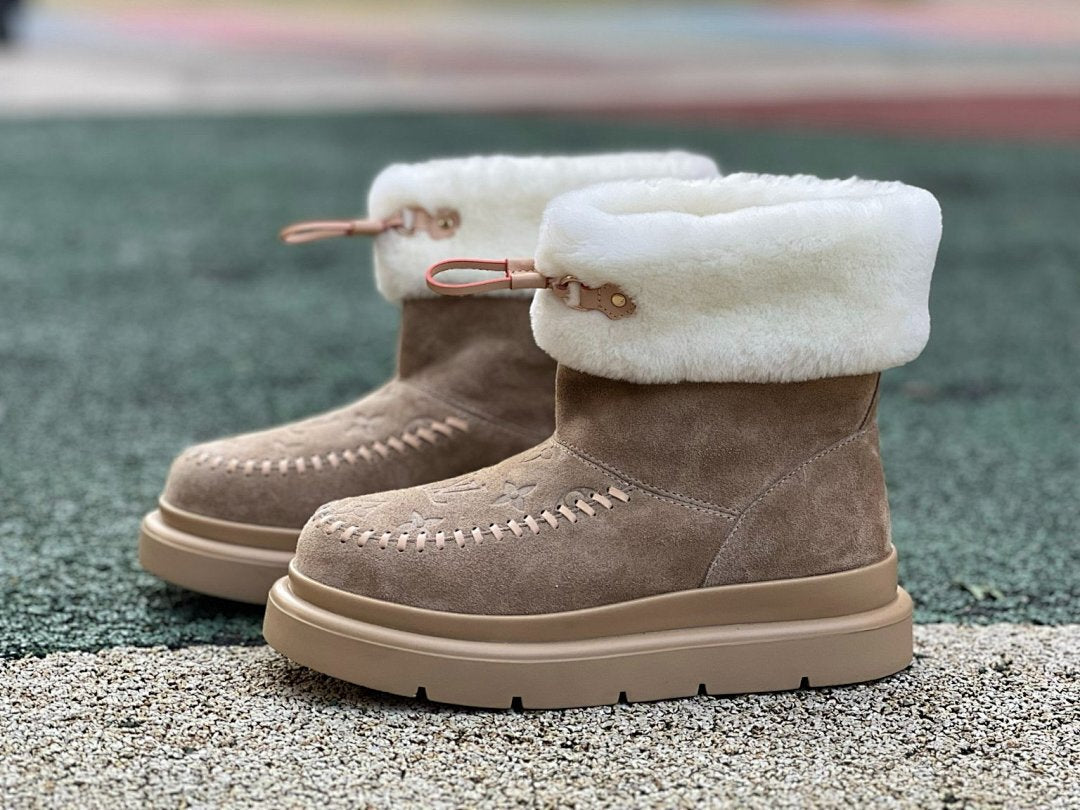Louis Vuitton Women's Snowdrop Flat Boot Monogram Suede Shearling Fur-Lined Platform Winter Ankle Boots Brown Taupe