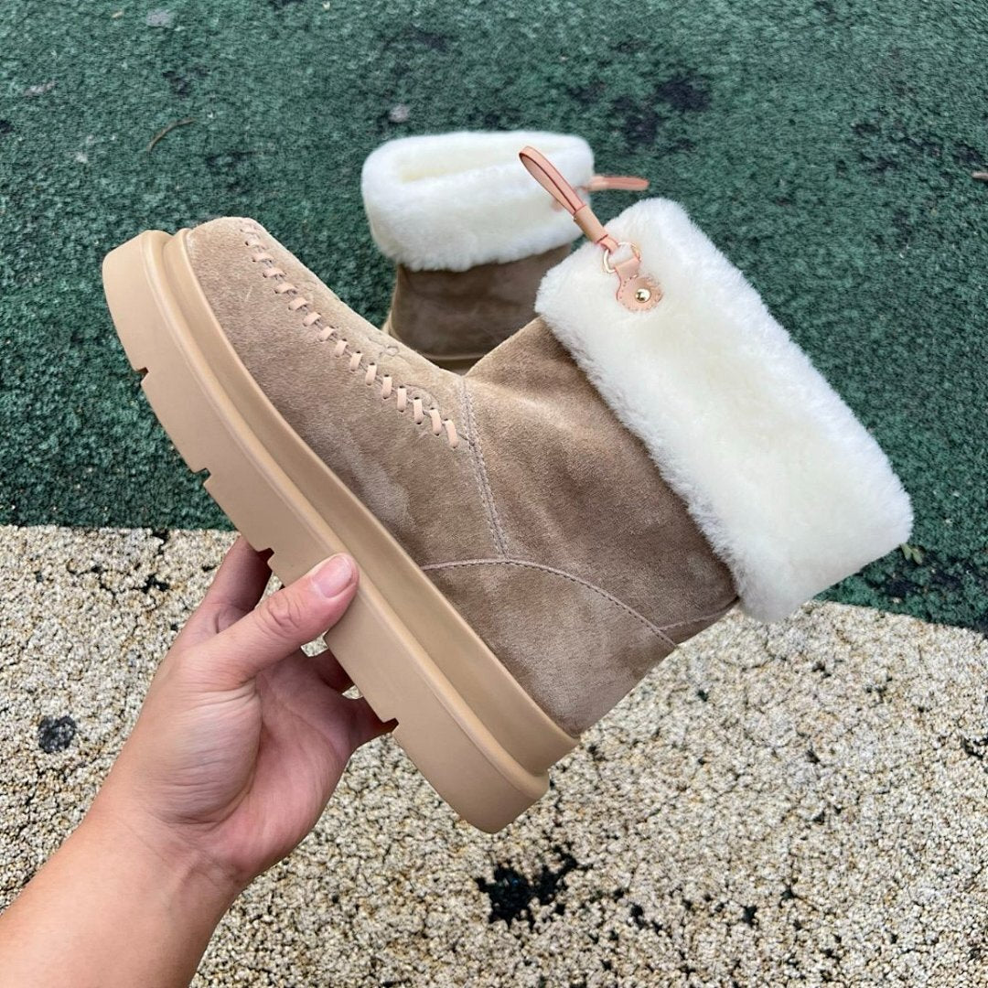 Louis Vuitton Women's Snowdrop Flat Boot Monogram Suede Shearling Fur-Lined Platform Winter Ankle Boots Brown Taupe