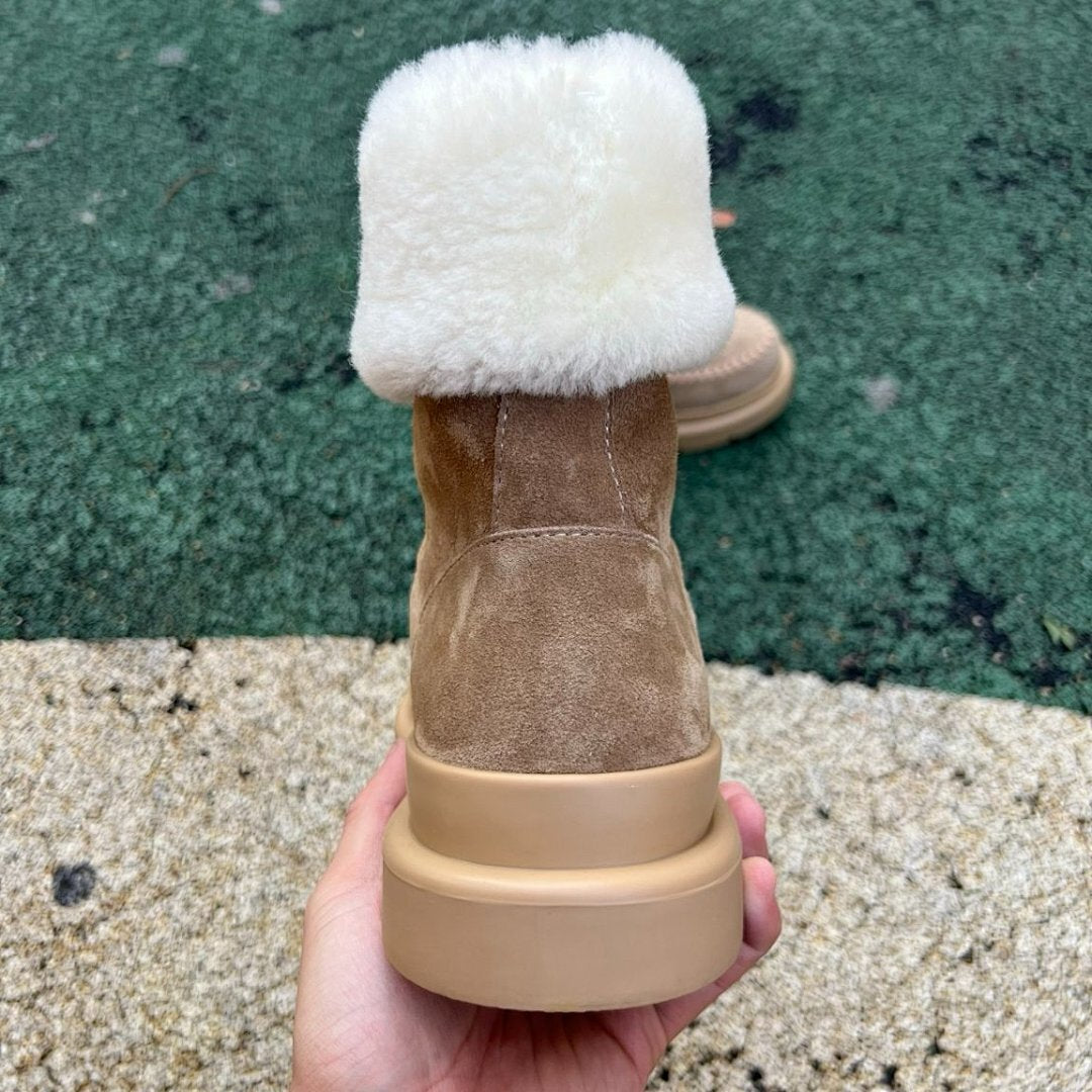 Louis Vuitton Women's Snowdrop Flat Boot Monogram Suede Shearling Fur-Lined Platform Winter Ankle Boots Brown Taupe