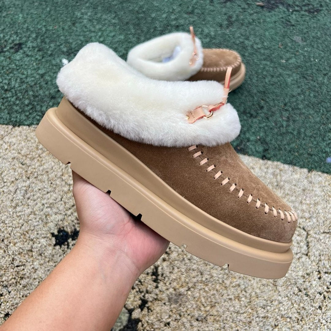 Louis Vuitton Dreamy Flat Mule Women's Camel Suede Monogram Shearling Fur Lined Slip-On Shoes 1A9LRV