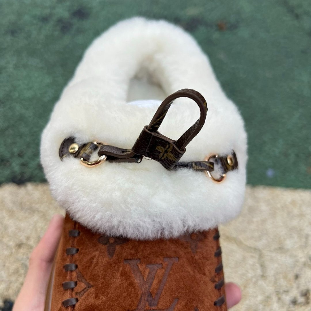 Louis Vuitton Pillow Comfort Flat Mules Brown Cognac Suede Shearling Fur-Lined Moccasins Winter Slippers 1A9C8D