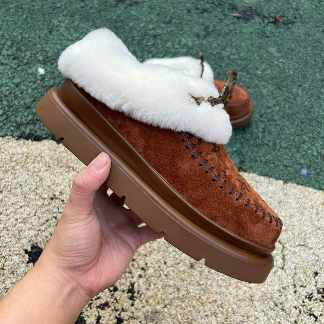Louis Vuitton Pillow Comfort Flat Mules Brown Cognac Suede Shearling Fur-Lined Moccasins Winter Slippers 1A9C8D