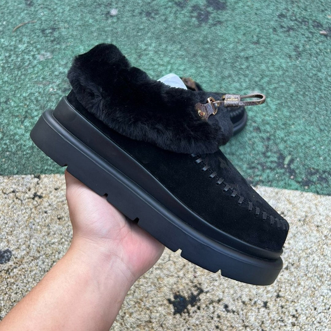 Louis Vuitton Polar Flat Ankle Boot 1A9RZ7 Black Suede Monogram Shearling Fur Lined Platform Boots