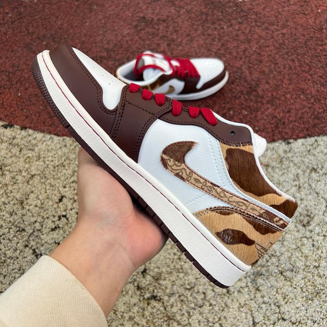 Air Jordan 1 Low Western Cowboy Cow Print Dark Mocha White Red Calf Hair Sneakers Men's Retro Casual Shoes