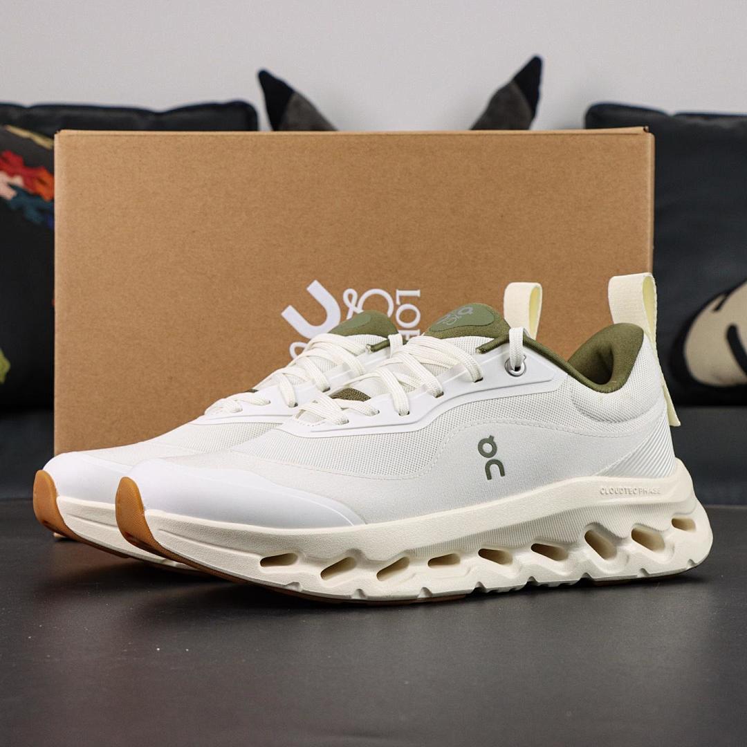 On CloudTec Phase Men's Running Shoes Undyed | Evergreen 3MD30121175 | White Olive Green Cushioned Road Trainers Sneakers