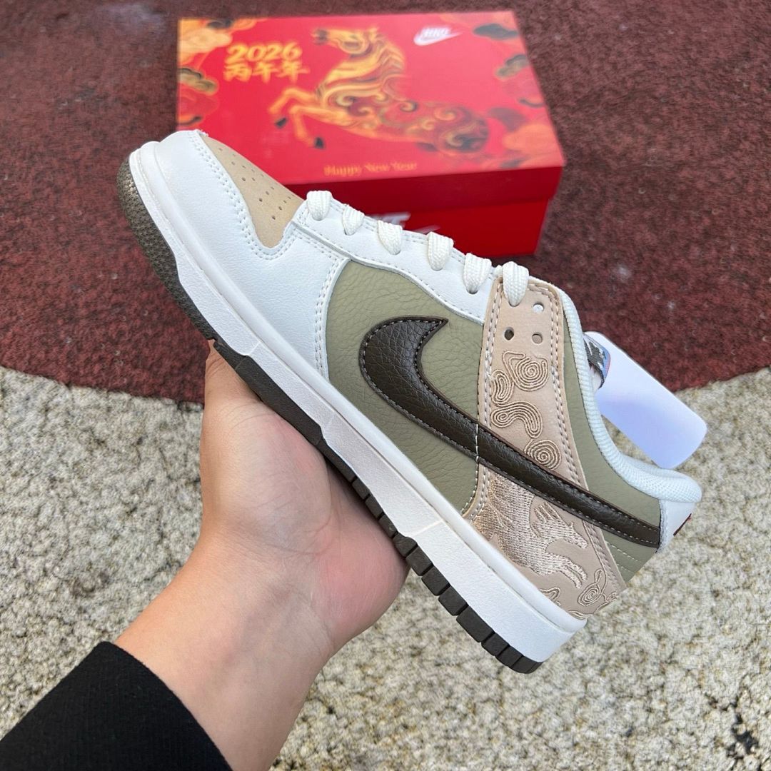 Nike Dunk Low Year of the Dragon 2024 Lunar New Year White Olive Green Tan Sail Leather Sneakers Shoes FJ4210-100