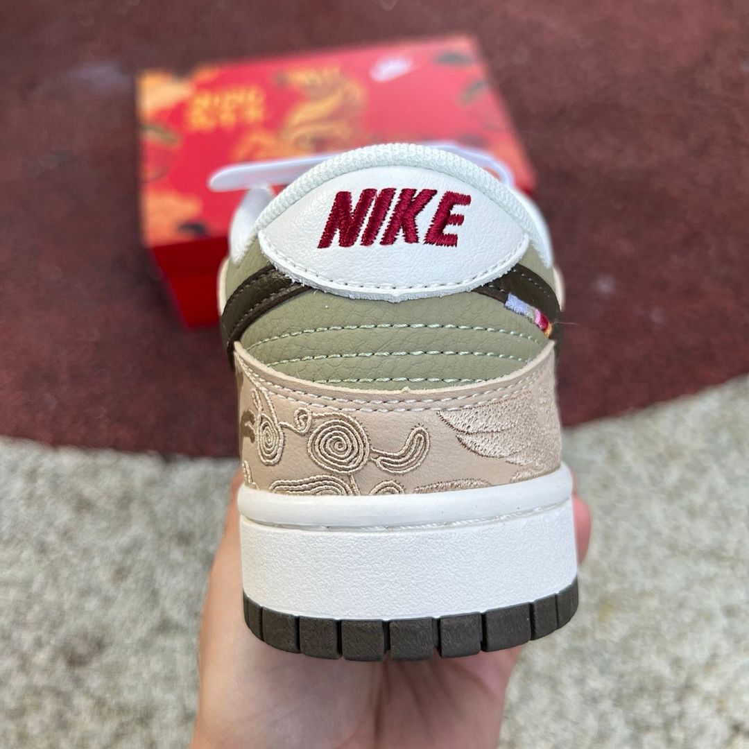 Nike Dunk Low Year of the Dragon 2024 Lunar New Year White Olive Green Tan Sail Leather Sneakers Shoes FJ4210-100