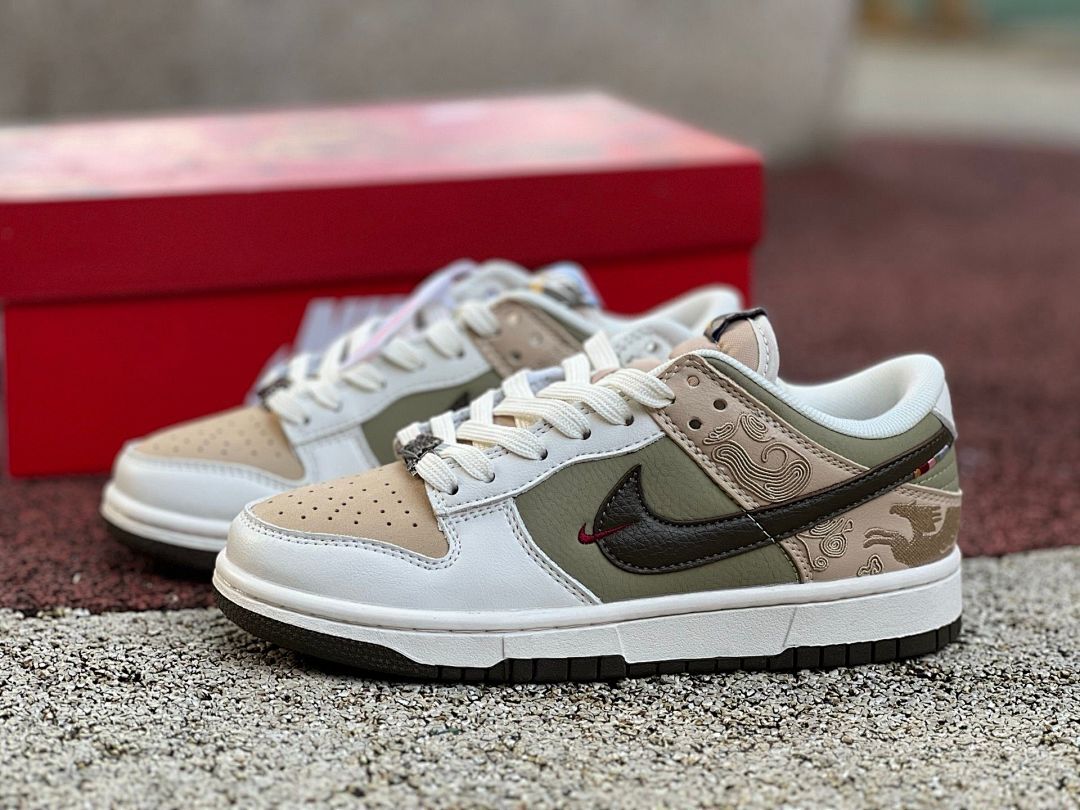 Nike Dunk Low Year of the Dragon 2024 Lunar New Year White Olive Green Tan Sail Leather Sneakers Shoes FJ4210-100