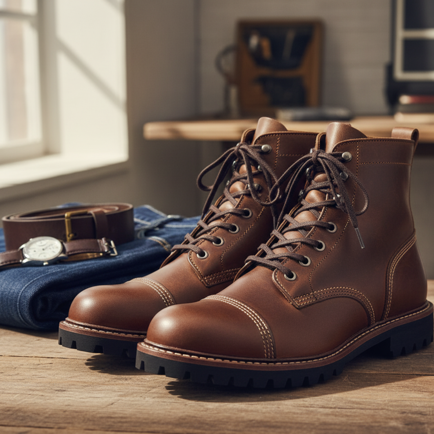 Blotcha Men's High Brown Leather Lace-up Cap Toe Boots