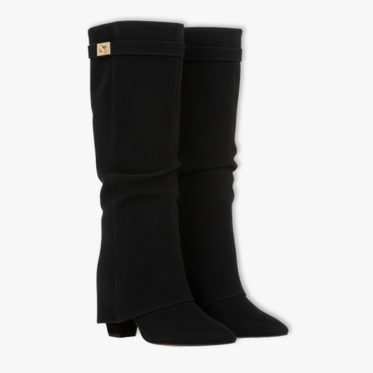 Blotcha Women's Pointed Toe Foldover Knee High Boots with Metal Buckle