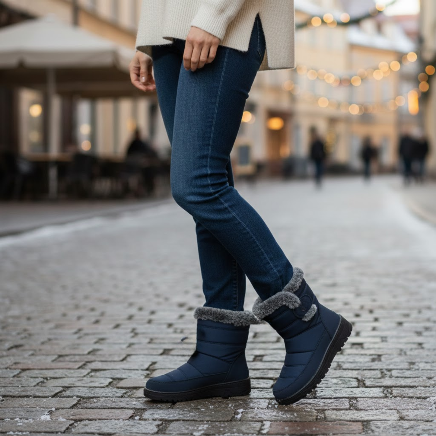 Blotcha Women's Navy Blue Fur Lined Winter Ankle Boots Waterproof Low Heel Snow Shoes