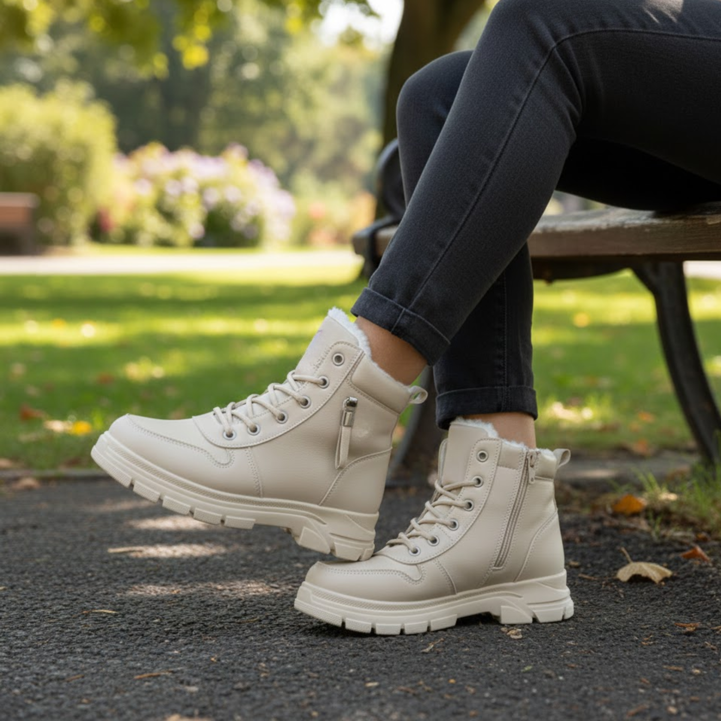 Blotcha Women's Beige Waterproof Winter Snow Boots Platform Lace Up Ankle Boots