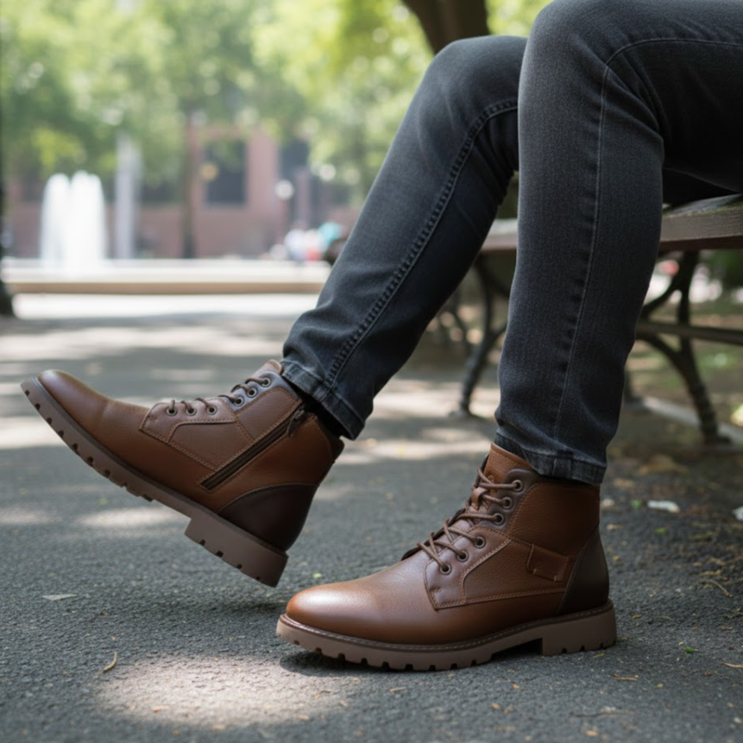 Blotcha Men's Brown Handmade Leather Ankle Boots, Lace-Up Outdoor Autumn Winter Booties