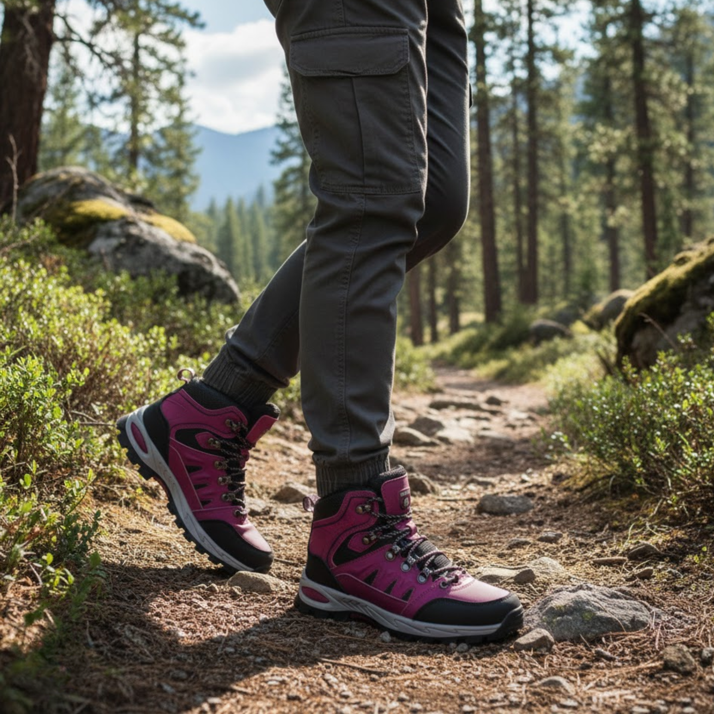 Blotcha Pink and Black Outdoor Waterproof Hiking Boots Wear-Resistant Sports Shoes