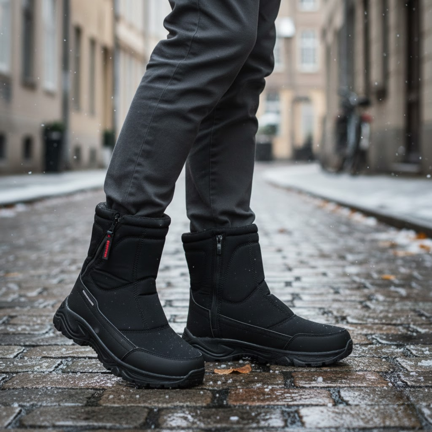 Blotcha Men's Black Zippered Winter Snow Boots, Insulated Waterproof Rugged Footwear
