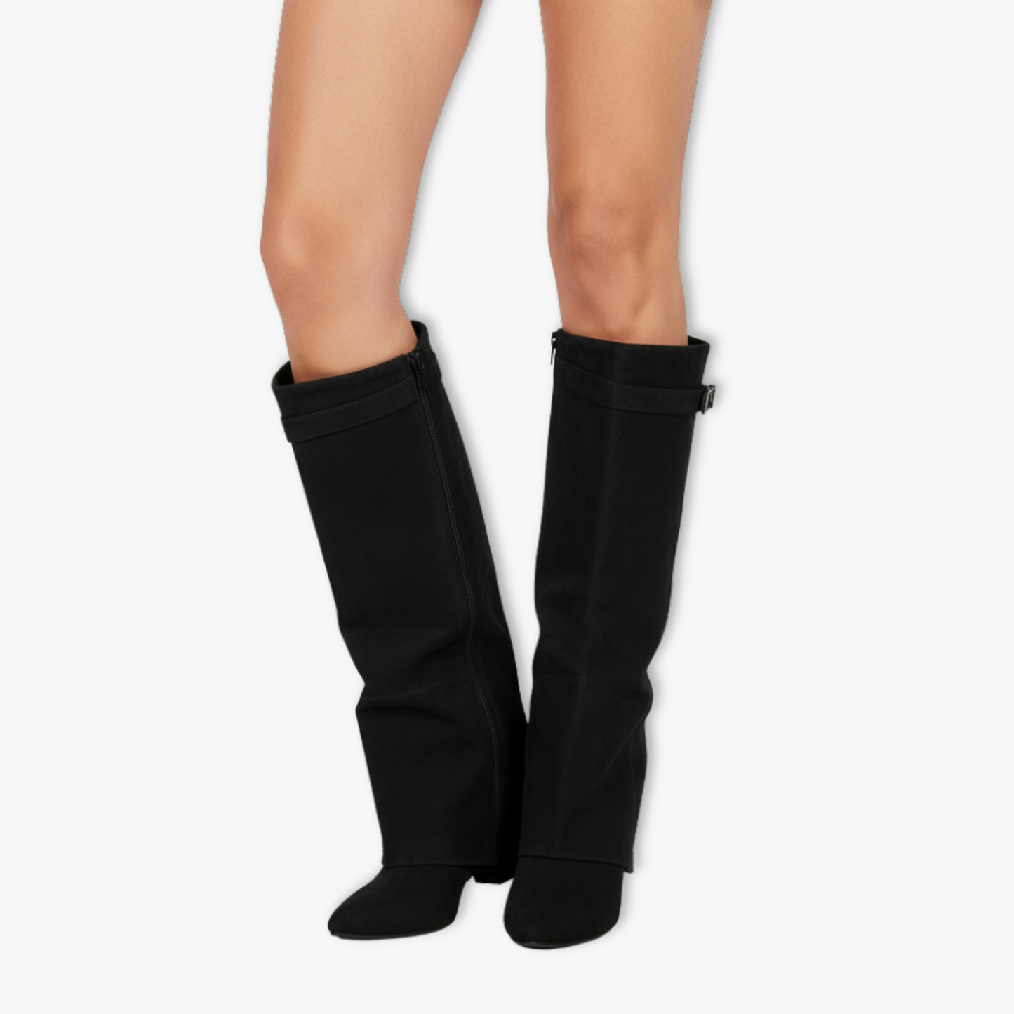 Blotcha Women's Pointed Toe Foldover Knee High Boots with Metal Buckle
