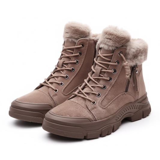 Blotcha Women's Genuine Leather Winter Ankle Boots Brown Plush Lined Snow Booties Thick Sole