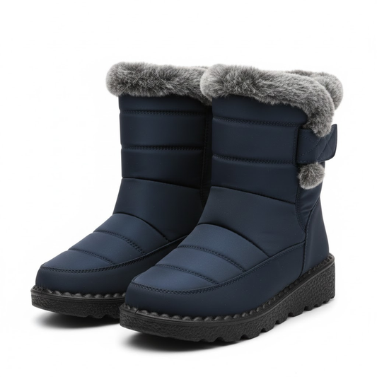 Blotcha Women's Navy Blue Fur Lined Winter Ankle Boots Waterproof Low Heel Snow Shoes