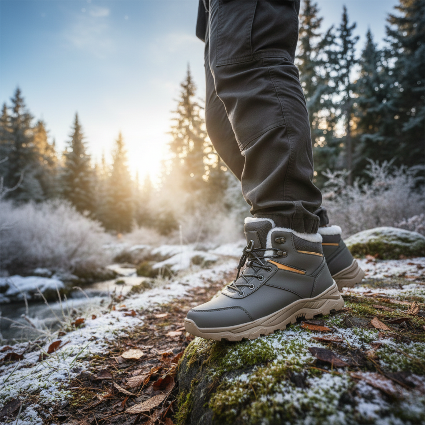 Blotcha Men's Warm Plush Lined Hiking Snow Boots, Grey/Brown Lace-Up Winter Shoes