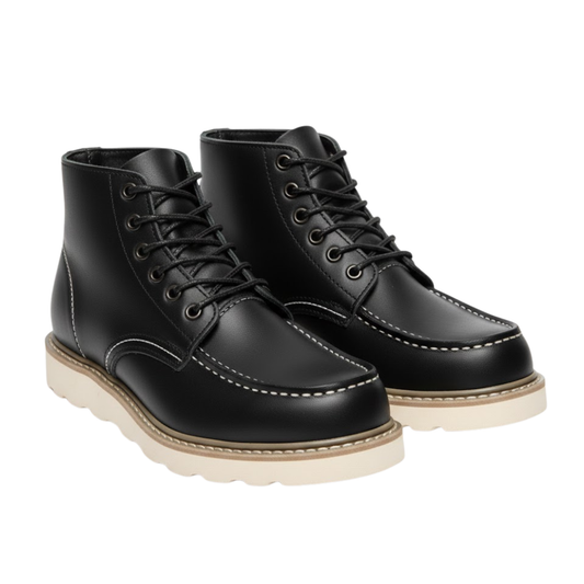 Blotcha Men's Black Leather Moc Toe Ankle Boots, Waterproof Winter Lace-Up Shoes