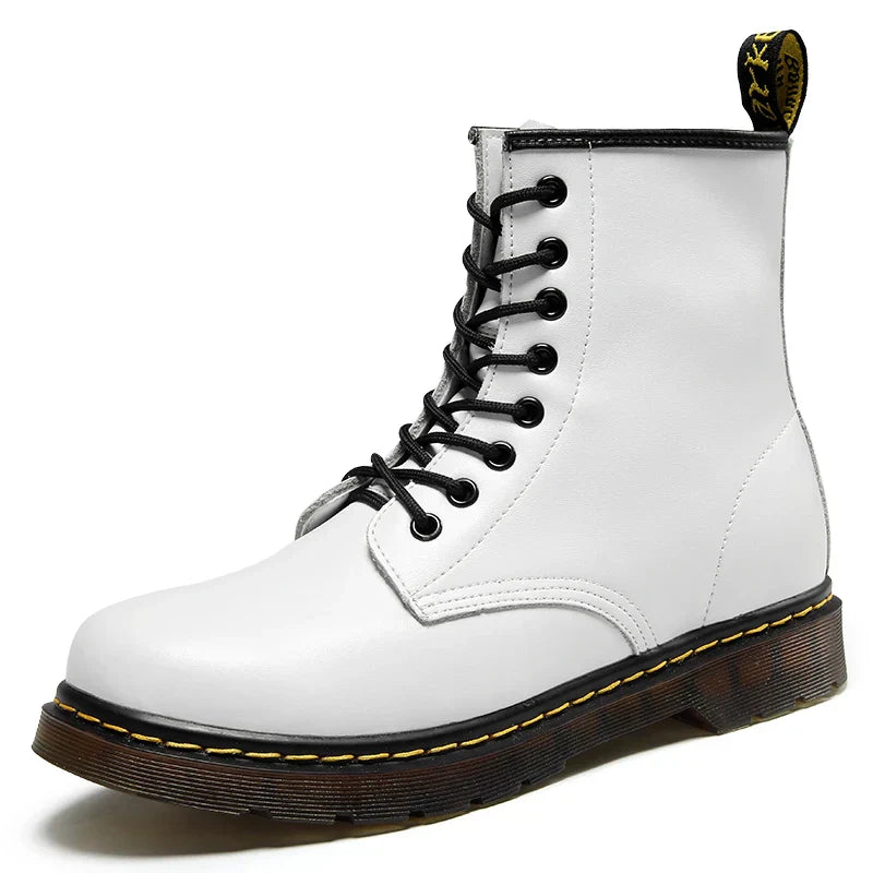 Blotcha Unisex Black Genuine Leather Ankle Boots, Fleece Lined Platform Motorcycle Boots