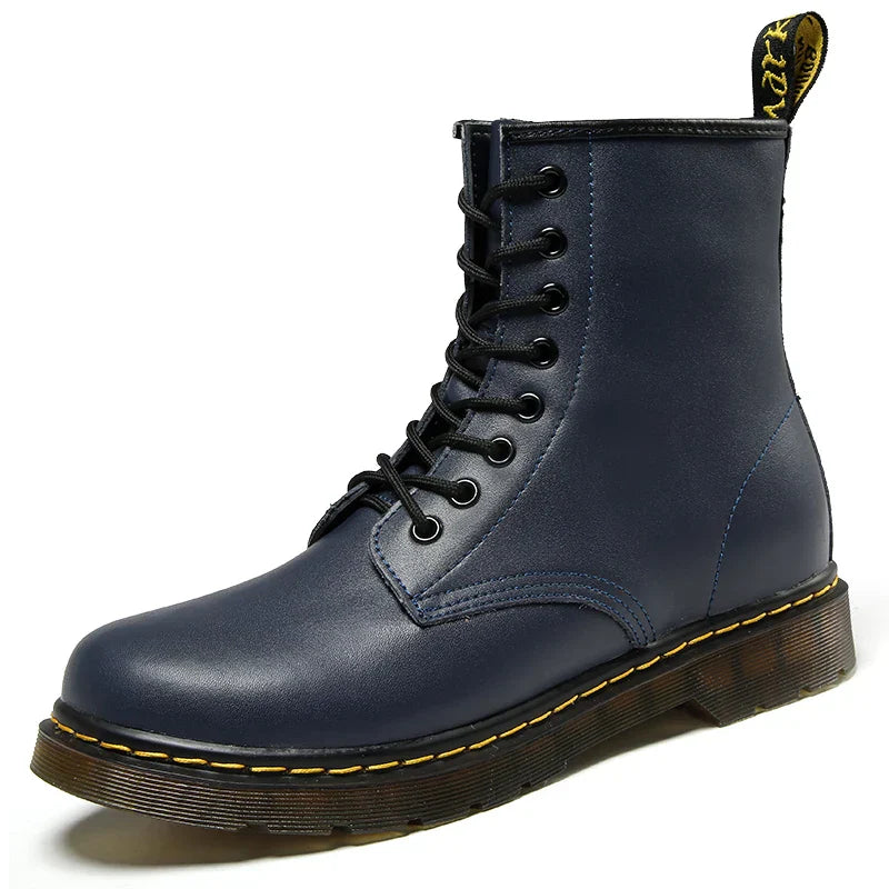 Blotcha Unisex Black Genuine Leather Ankle Boots, Fleece Lined Platform Motorcycle Boots