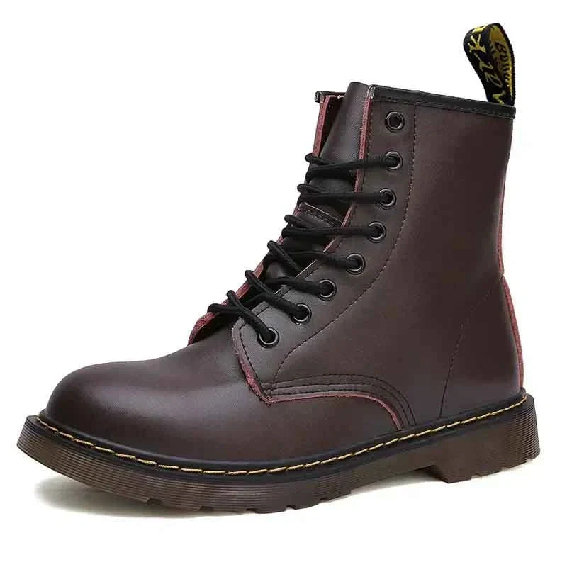 Blotcha Unisex Black Genuine Leather Ankle Boots, Fleece Lined Platform Motorcycle Boots