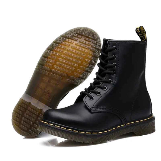 Blotcha Unisex Black Genuine Leather Ankle Boots, Fleece Lined Platform Motorcycle Boots