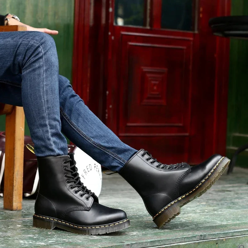 Blotcha Unisex Black Genuine Leather Ankle Boots, Fleece Lined Platform Motorcycle Boots