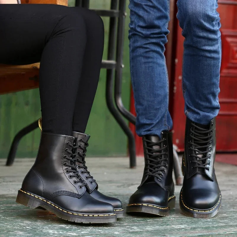 Blotcha Unisex Black Genuine Leather Ankle Boots, Fleece Lined Platform Motorcycle Boots