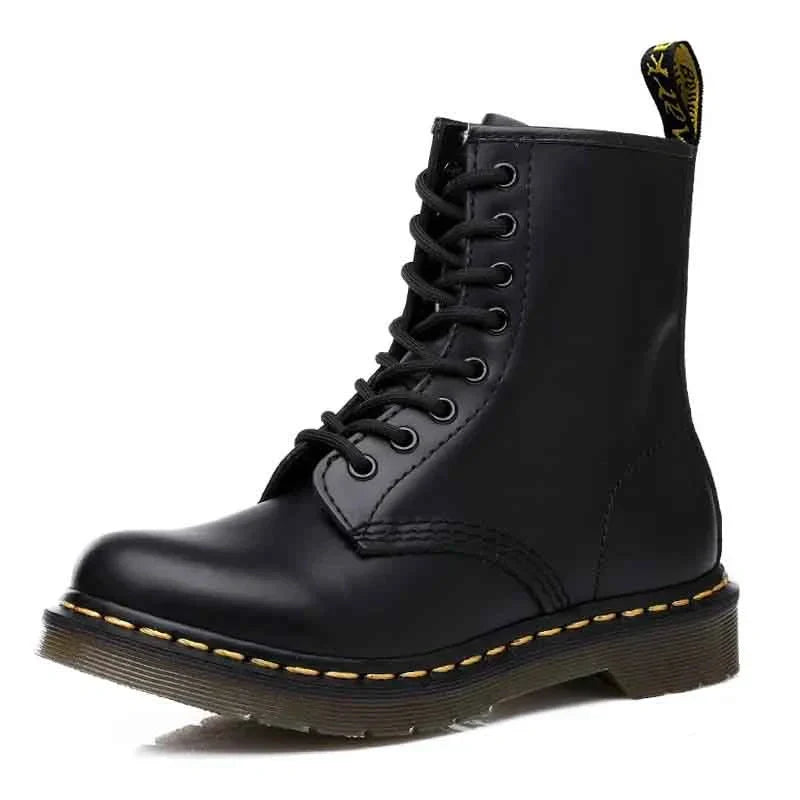 Blotcha Unisex Black Genuine Leather Ankle Boots, Fleece Lined Platform Motorcycle Boots