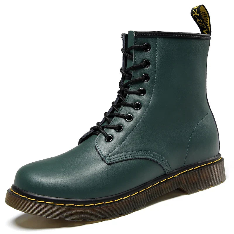Blotcha Unisex Black Genuine Leather Ankle Boots, Fleece Lined Platform Motorcycle Boots