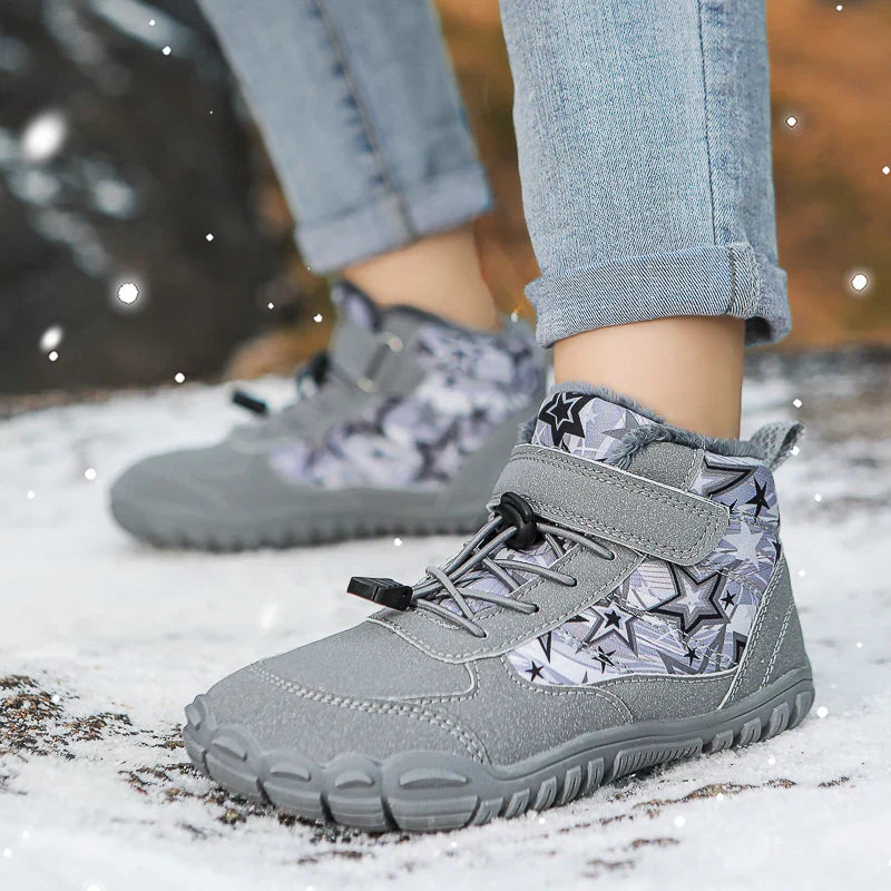 Blotcha Kids Waterproof Barefoot Snow Boots Wide Toe Warm Fur Lined Winter Sneakers Pink Stars