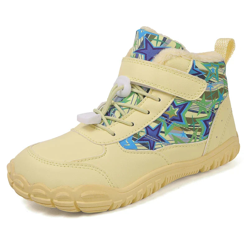Blotcha Kids Waterproof Barefoot Snow Boots Wide Toe Warm Fur Lined Winter Sneakers Pink Stars