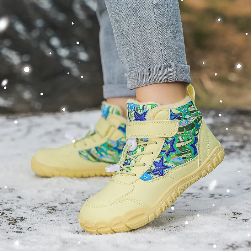 Blotcha Kids Waterproof Barefoot Snow Boots Wide Toe Warm Fur Lined Winter Sneakers Pink Stars