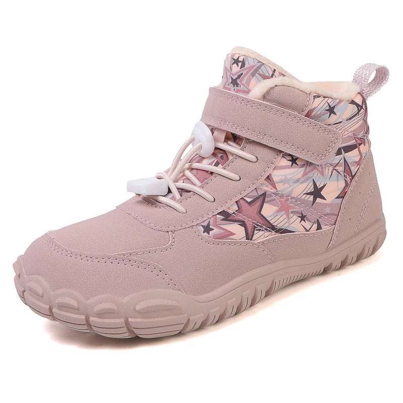 Blotcha Kids Waterproof Barefoot Snow Boots Wide Toe Warm Fur Lined Winter Sneakers Pink Stars