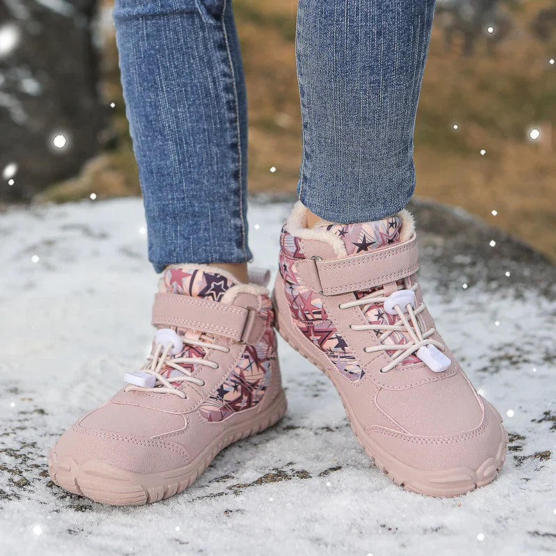 Blotcha Kids Waterproof Barefoot Snow Boots Wide Toe Warm Fur Lined Winter Sneakers Pink Stars