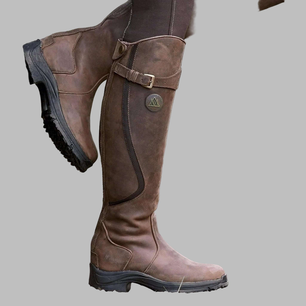 Blotcha Women's Brown Leather Tall Riding Boots with Rugged Sole
