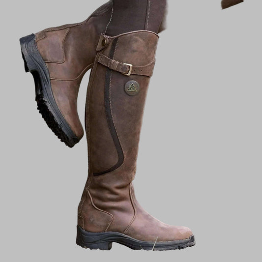 Blotcha Women's Brown Leather Tall Riding Boots with Rugged Sole
