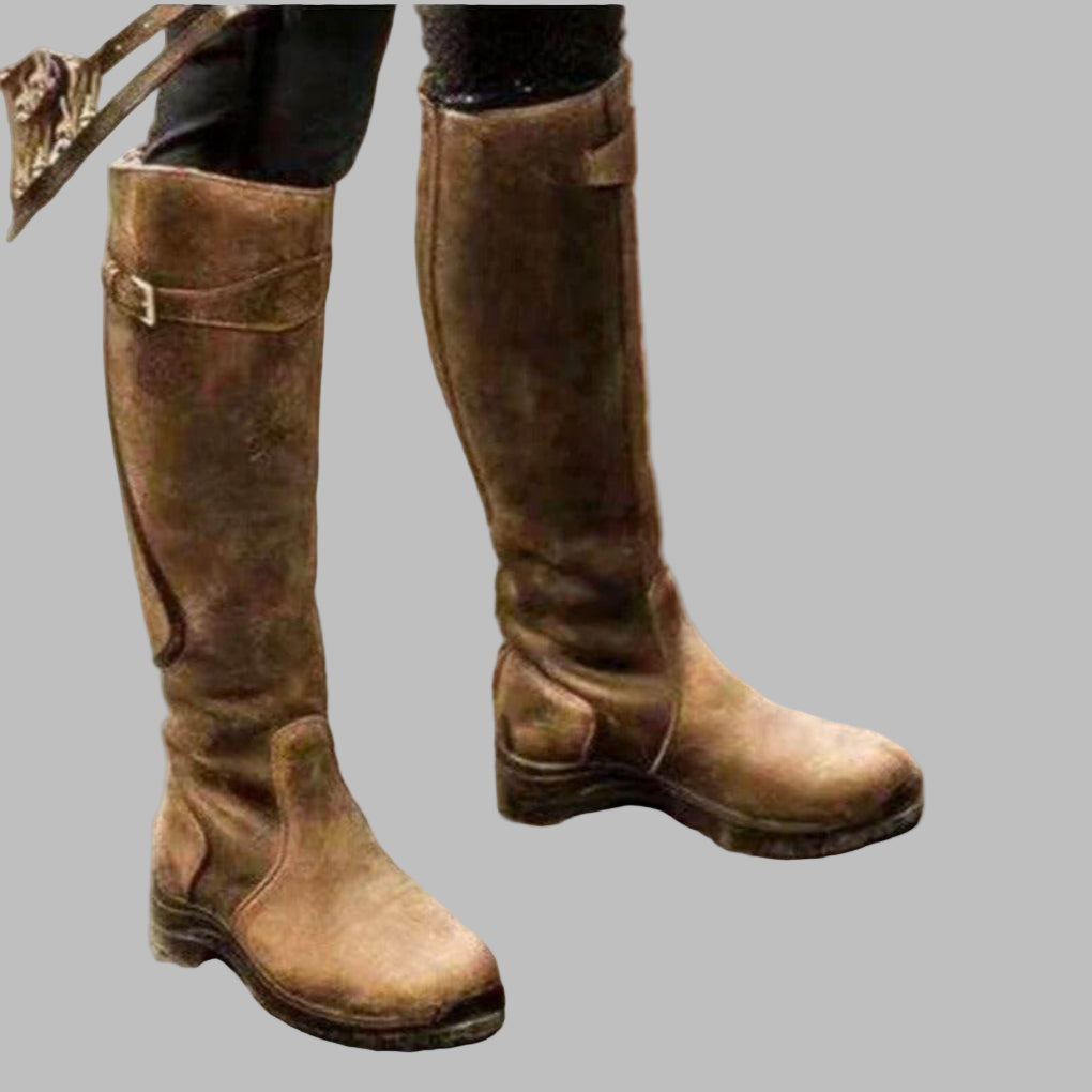 Blotcha Women's Brown Leather Tall Riding Boots with Rugged Sole