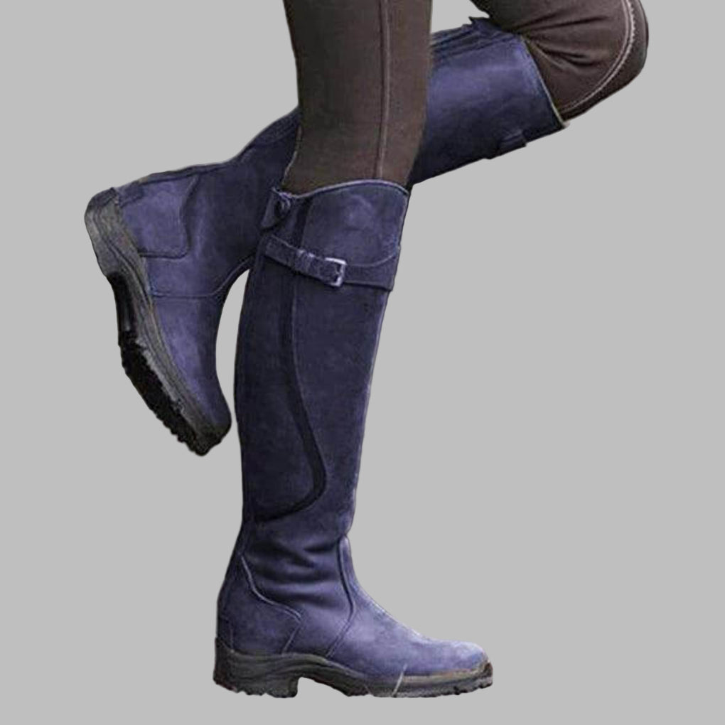Blotcha Women's Brown Leather Tall Riding Boots with Rugged Sole