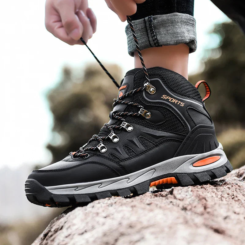 Blotcha Men's High Top Hiking Boots Black Orange Outdoor Trekking Climbing Shoes Non-Slip
