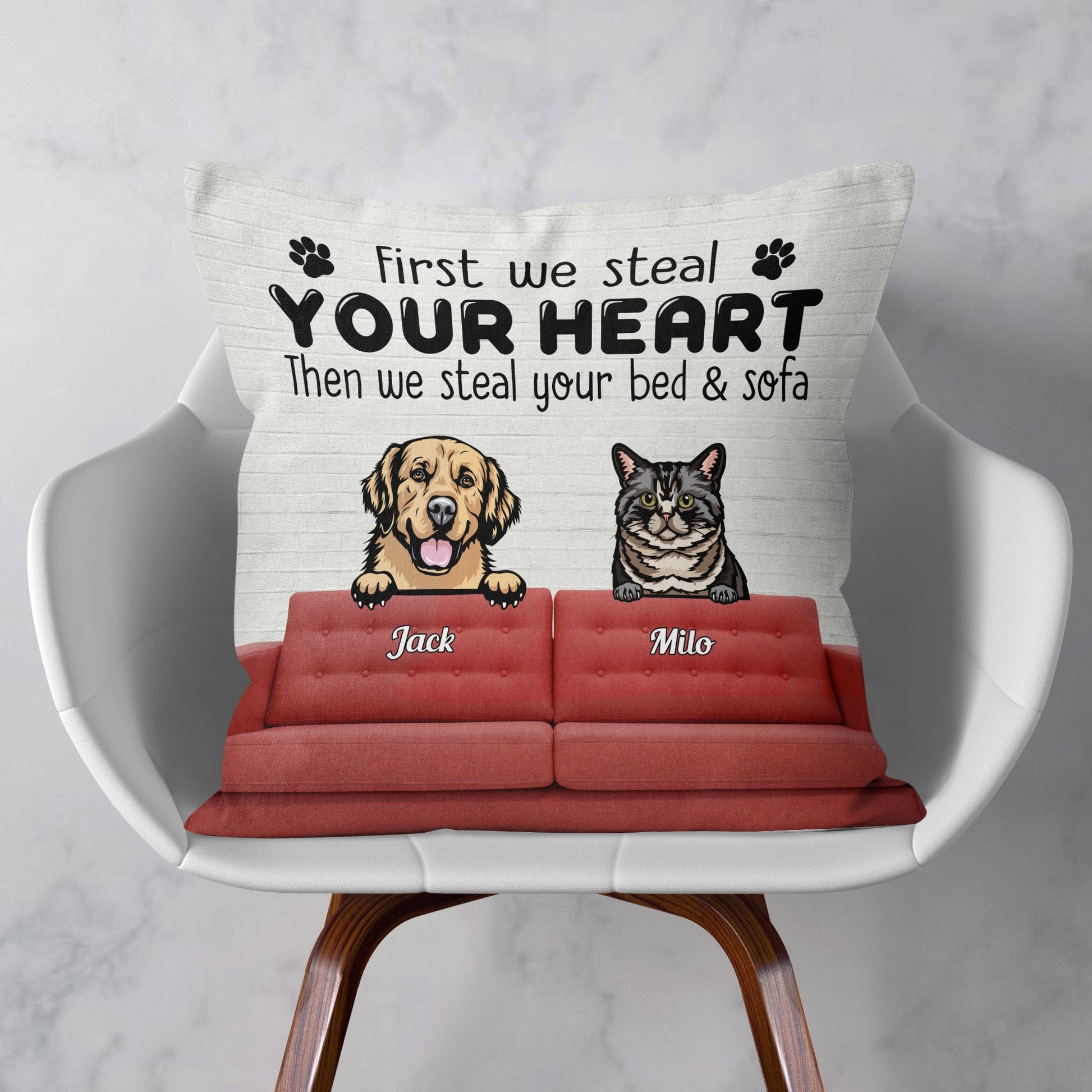 First We Steal Your Heart – Personalized Pillow – Birthday, Loving Gift For Cat & Dog Lover, Pet Owner, Fur Mom, Fur Dad