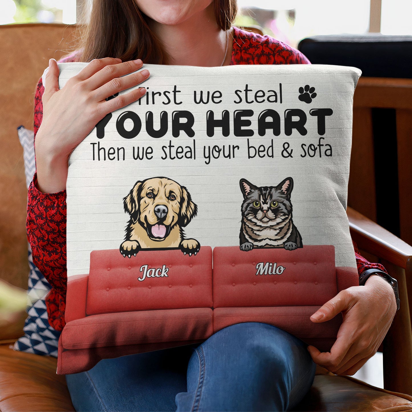 First We Steal Your Heart – Personalized Pillow – Birthday, Loving Gift For Cat & Dog Lover, Pet Owner, Fur Mom, Fur Dad