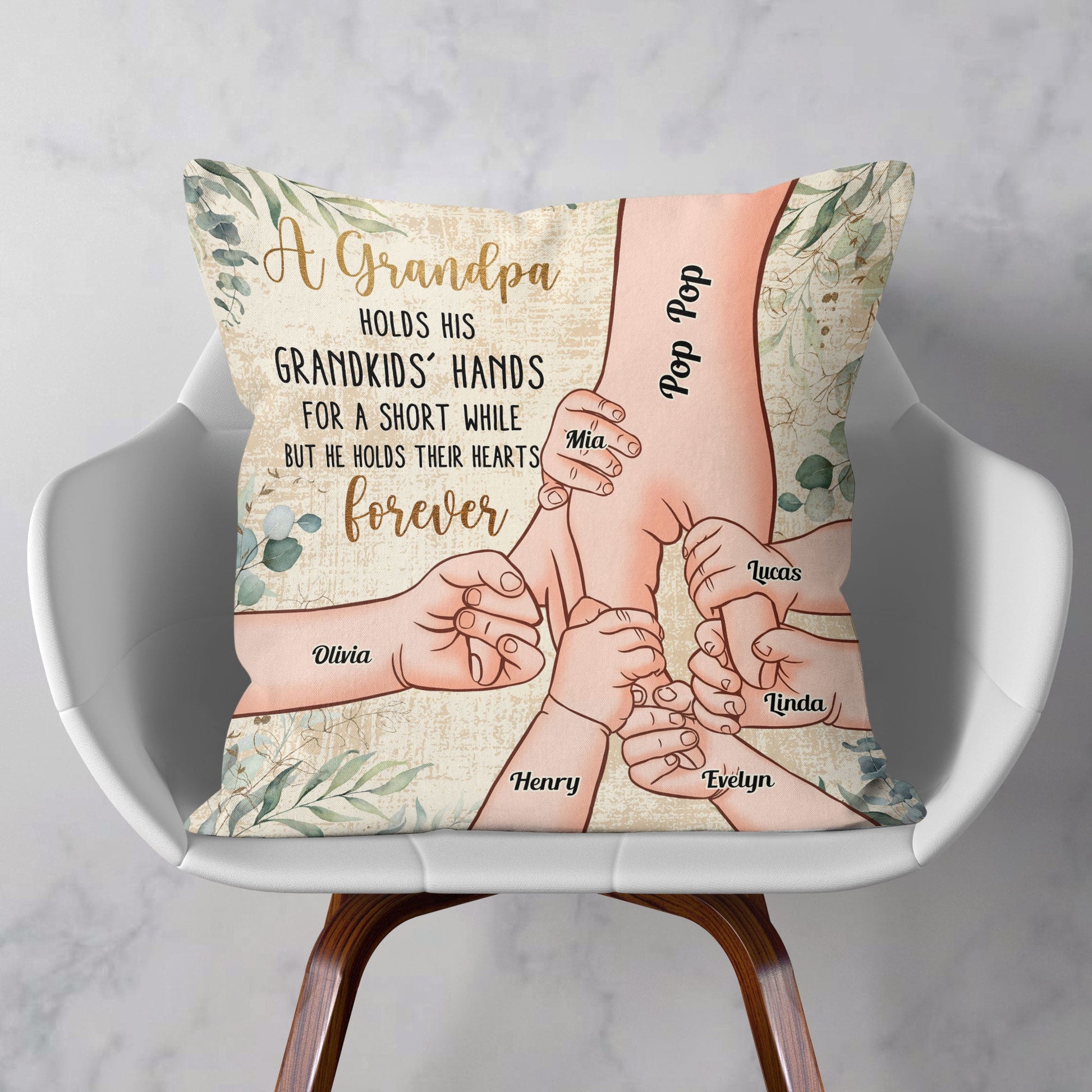 Grandpa Holds Grandkids’ Hearts Forever – Personalized Pillow – Christmas, Birthday, Loving Gift For Grandpa, Grandma, Mom & Dad