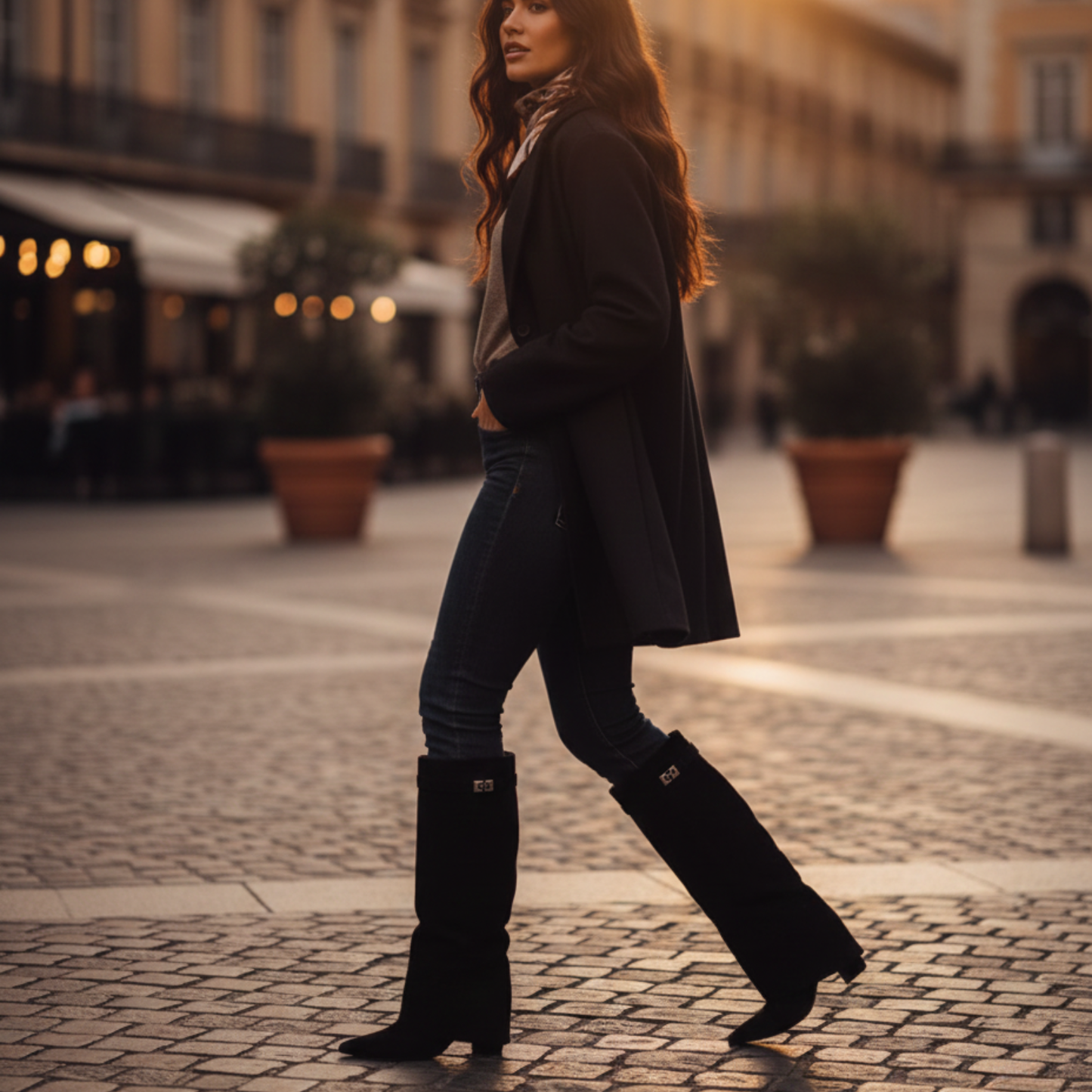 Blotcha Women's Pointed Toe Foldover Knee High Boots with Metal Buckle