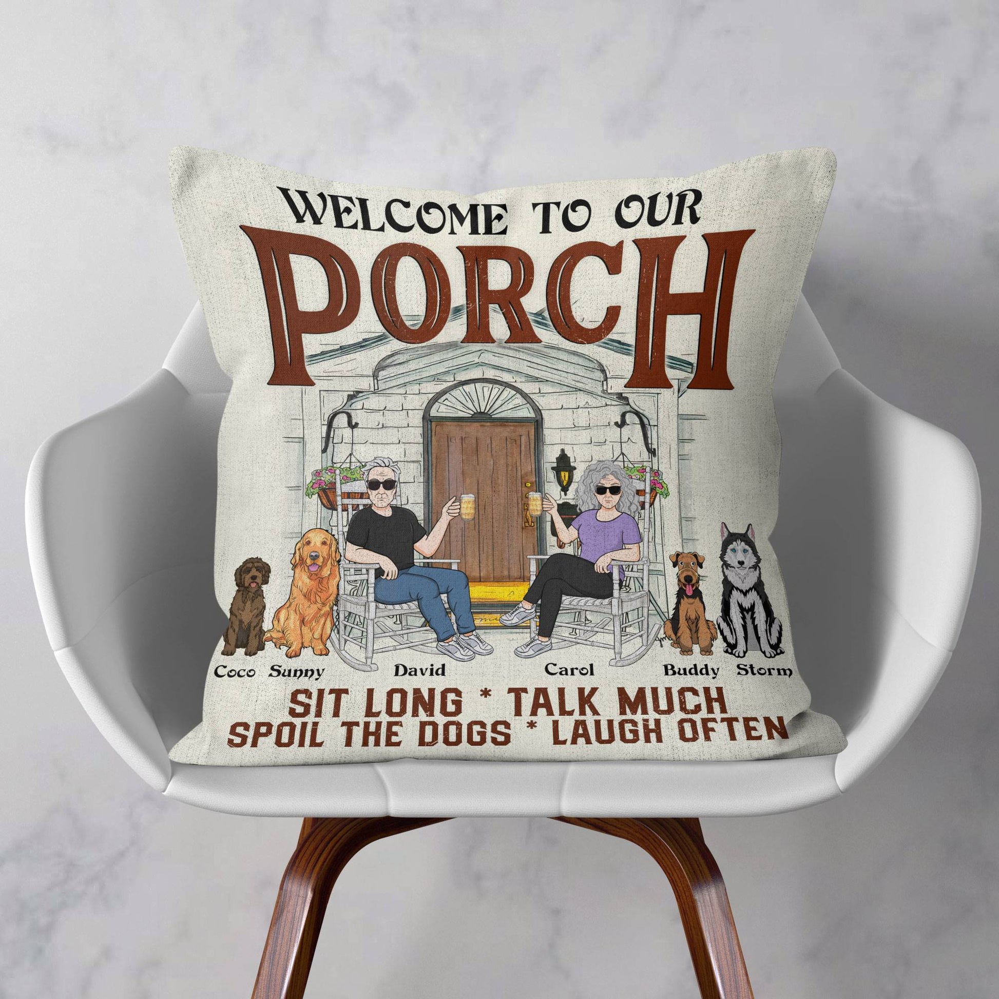 Welcome To Our Porch – Personalized Pillow – Birthday, Summertime Decor, Housewarming Gift For Family, Friends, Dog Lovers, Dog Owner