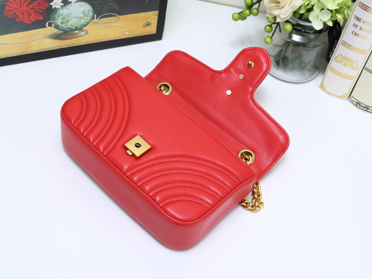 Gucci Red Quilted Chevron Leather Crossbody Bag with Gold Chain
